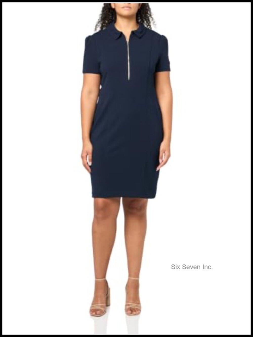 Short Sleeve Collared Zipper Front Scuba Crepe Sheath Dress